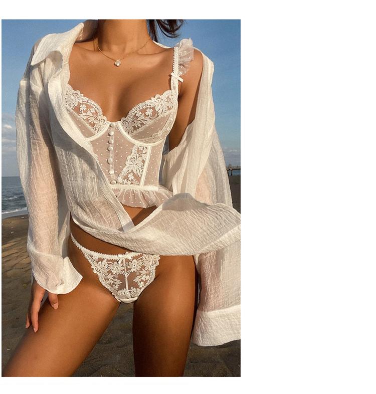 CINOON-Conjunto de lencería francesa para mujer, ropa interior Sexy de realce, sujetador transparente de encaje, conjuntos de bragas, ropa interior fina blanca para boda